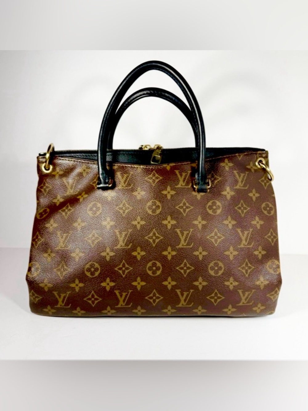 Louis Vuitton Pallas MM Monogram Noir Black Leather Satchel Crossbody Strap Auth